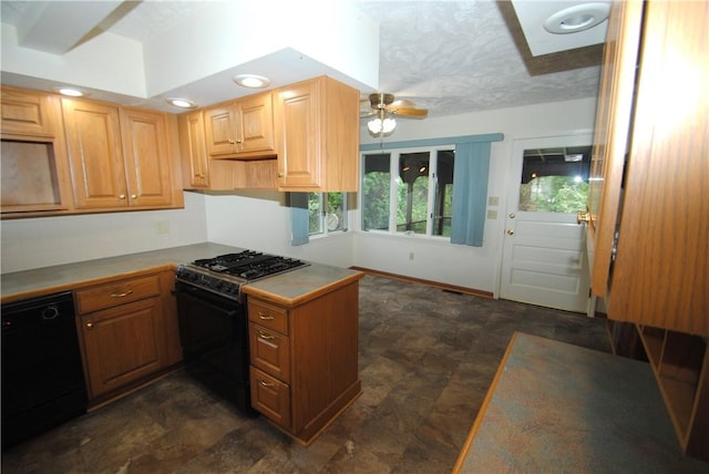 11 Elmwood Ave, Hornellsville, NY 14843 - kitchen with black appliances, stone finish flooring, and ceiling fan