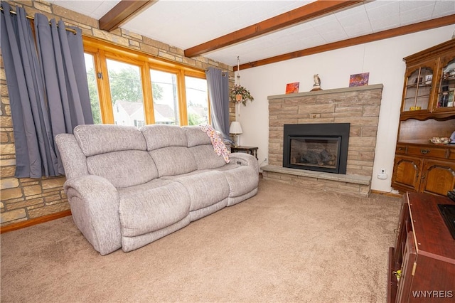150 Collins Ave, West Seneca, NY 14224 - carpeted living area featuring beamed ceiling and a stone fireplace