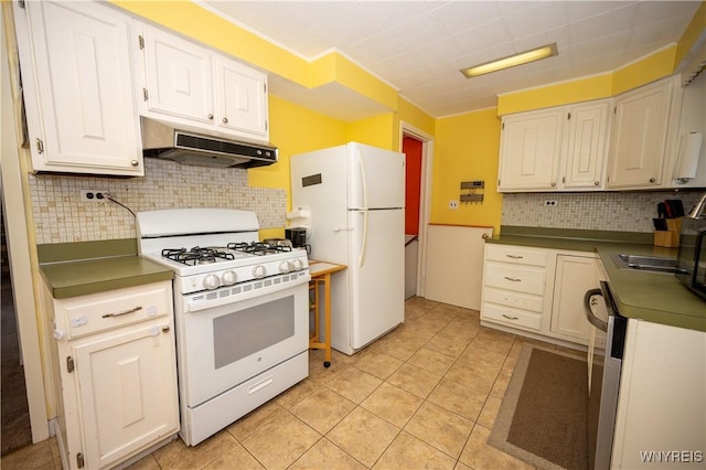 150 Collins Ave, West Seneca, NY 14224 - kitchen featuring under cabinet range hood, white appliances, decorative backsplash, light tile patterned floors, and white cabinetry