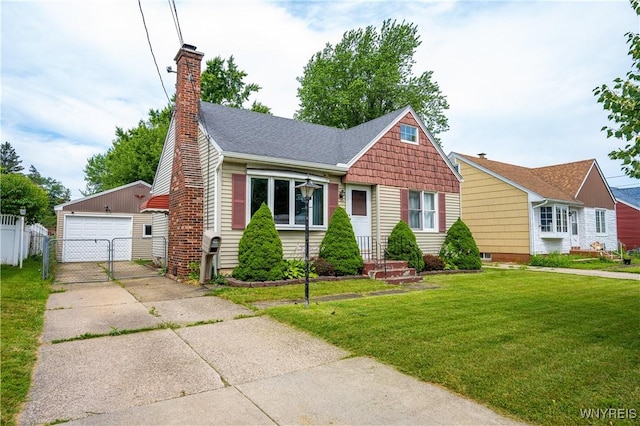 150 Collins Ave, West Seneca, NY 14224 - view of front of home with an outdoor structure, a chimney, a gate, a garage, and roof with shingles