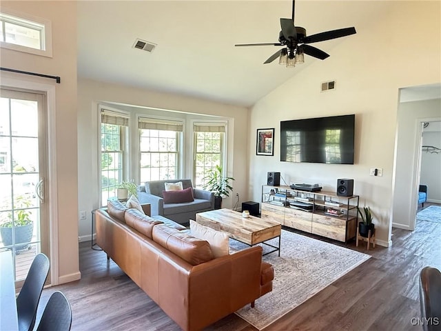 2301 Greymoor Way, Lysander, NY 13027 - living area featuring dark wood-style floors, a ceiling fan, and high vaulted ceiling
