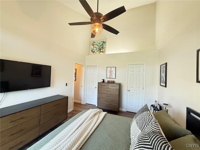 2301 Greymoor Way, Lysander, NY 13027 - bedroom featuring high vaulted ceiling, dark wood-style floors, and ceiling fan