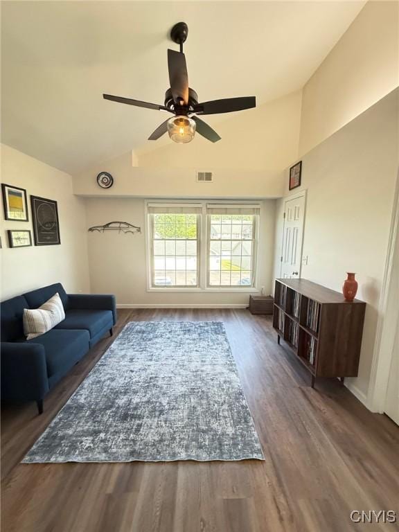 2301 Greymoor Way, Lysander, NY 13027 - living room with a ceiling fan, wood finished floors, and high vaulted ceiling