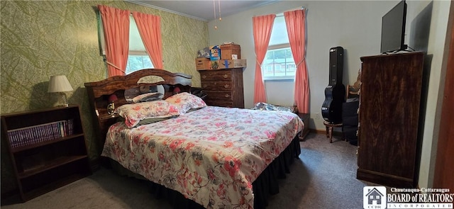 1710 Haskell Pkwy, Portville, NY 14760 - carpeted bedroom with wallpapered walls and ornamental molding