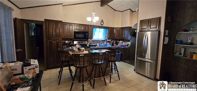 1710 Haskell Pkwy, Portville, NY 14760 - kitchen with appliances with stainless steel finishes, light floors, dark brown cabinets, a breakfast bar, and beamed ceiling