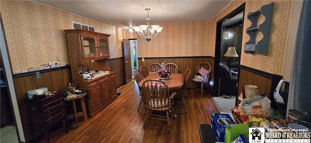 1710 Haskell Pkwy, Portville, NY 14760 - dining room featuring wallpapered walls, wainscoting, a chandelier, hardwood / wood-style floors, and wood walls