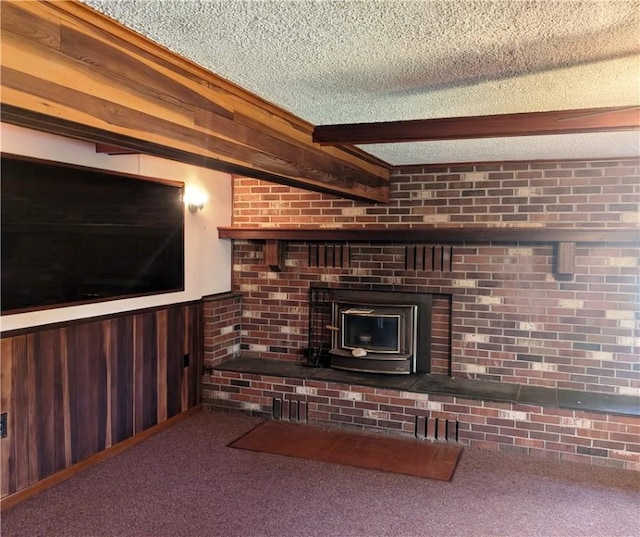310 E Green St, Smethport Boro, PA 16749 - unfurnished living room featuring a textured ceiling, carpet, and wooden walls