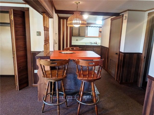 310 E Green St, Smethport Boro, PA 16749 - dining room with wooden walls, dark carpet, a wainscoted wall, and ornamental molding