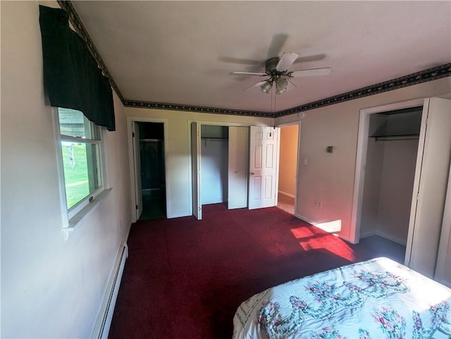 310 E Green St, Smethport Boro, PA 16749 - bedroom featuring multiple closets, a baseboard heating unit, dark carpet, and a ceiling fan