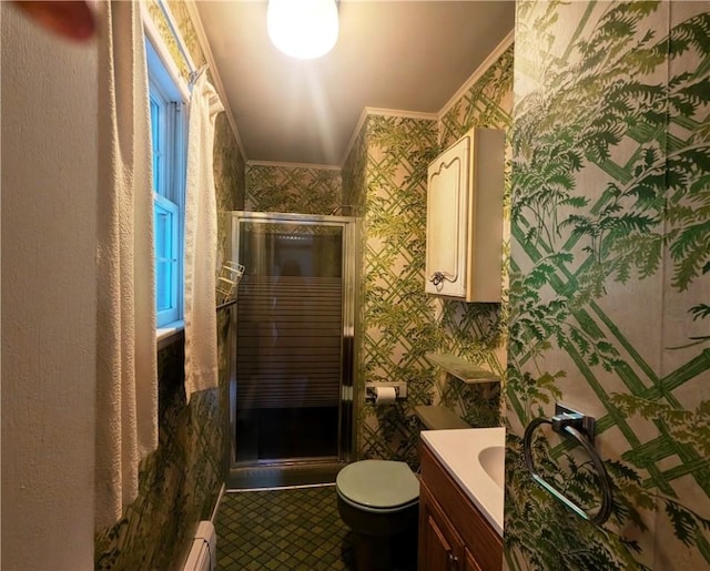 310 E Green St, Smethport Boro, PA 16749 - bathroom with wallpapered walls, ornamental molding, vanity, a shower stall, and tile patterned floors