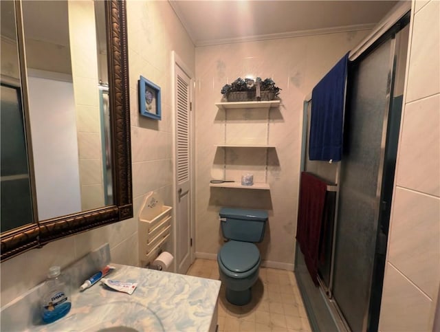 310 E Green St, Smethport Boro, PA 16749 - full bathroom with tile walls, vanity, crown molding, tile patterned flooring, and a shower with shower door