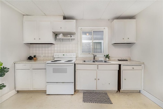 430 Ridgeway Ave, Rochester, NY 14615 - kitchen with white electric stove, white cabinets, open shelves, light countertops, and a drop ceiling