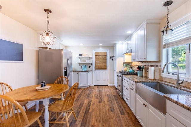 529 Fetzner Rd, Greece, NY 14626 - kitchen featuring stainless steel appliances, dark wood finished floors, white cabinetry, under cabinet range hood, and recessed lighting
