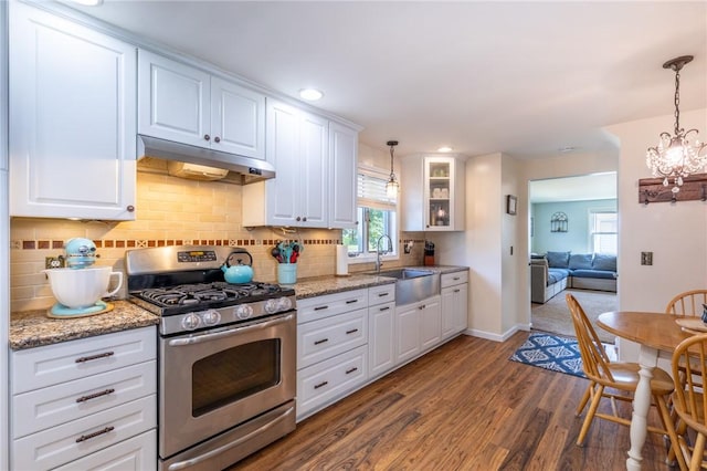 529 Fetzner Rd, Greece, NY 14626 - kitchen with stainless steel range with gas stovetop, under cabinet range hood, white cabinetry, and recessed lighting