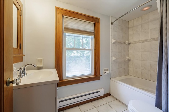 1043 Genesee Park Blvd, Rochester, NY 14619 - full bathroom with a baseboard heating unit, vanity, tile patterned flooring, and shower / bathtub combination with curtain