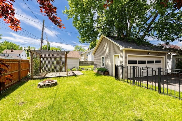 1043 Genesee Park Blvd, Rochester, NY 14619 - fenced backyard featuring a fire pit, a garage, and an outbuilding