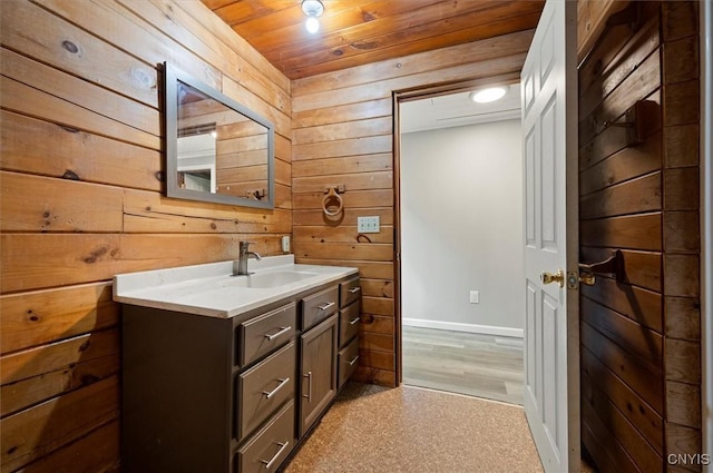 5640 Fearon Rd, Eaton, NY 13408 - bathroom featuring wooden walls, wood ceiling, and vanity