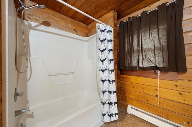 5640 Fearon Rd, Eaton, NY 13408 - full bathroom with a baseboard heating unit, wood ceiling, shower / tub combo with curtain, and wooden walls