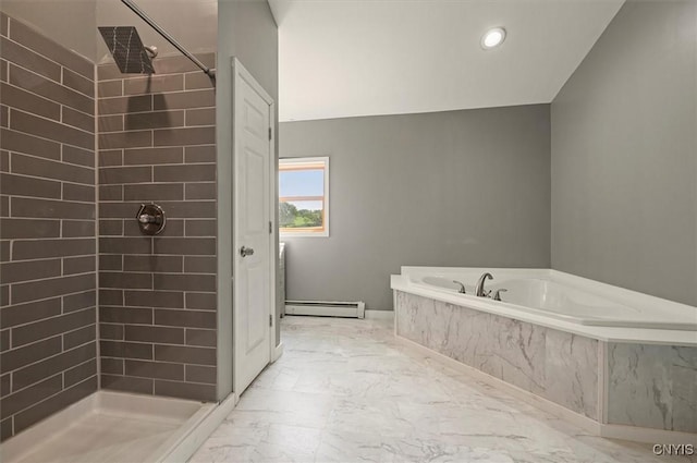 5640 Fearon Rd, Eaton, NY 13408 - bathroom featuring a baseboard radiator, marble finish flooring, a garden tub, tiled shower, and recessed lighting