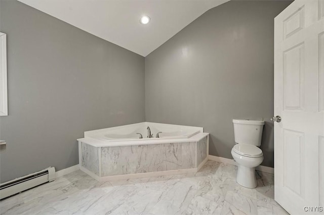5640 Fearon Rd, Eaton, NY 13408 - full bath featuring baseboard heating, marble finish flooring, a garden tub, lofted ceiling, and recessed lighting