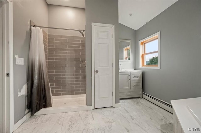 5640 Fearon Rd, Eaton, NY 13408 - bathroom featuring baseboard heating, vanity, tiled shower, marble look tile flooring, and vaulted ceiling