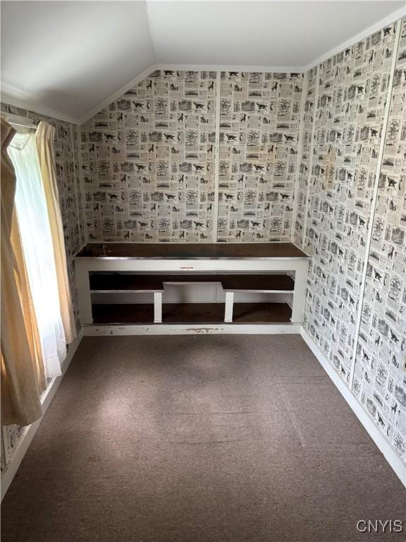 39 Standart Ave, Auburn, NY 13021 - additional living space with vaulted ceiling, carpet flooring, and wallpapered walls
