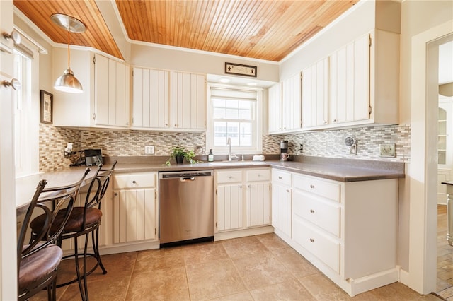 36 Dover Park, Brighton, NY 14610 - kitchen with wood ceiling, ornamental molding, stainless steel dishwasher, backsplash, and light tile patterned flooring