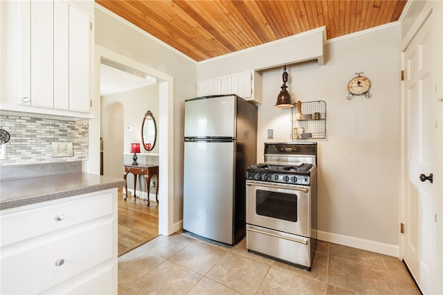 36 Dover Park, Brighton, NY 14610 - kitchen featuring wood ceiling, appliances with stainless steel finishes, ornamental molding, backsplash, and arched walkways