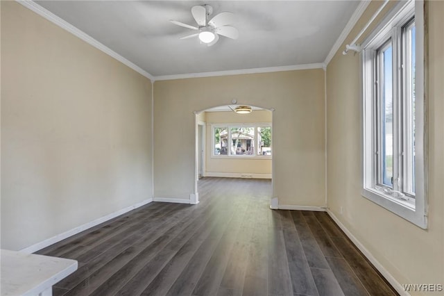 386 Davey St, Buffalo, NY 14206 - empty room with a ceiling fan, dark wood finished floors, ornamental molding, and arched walkways