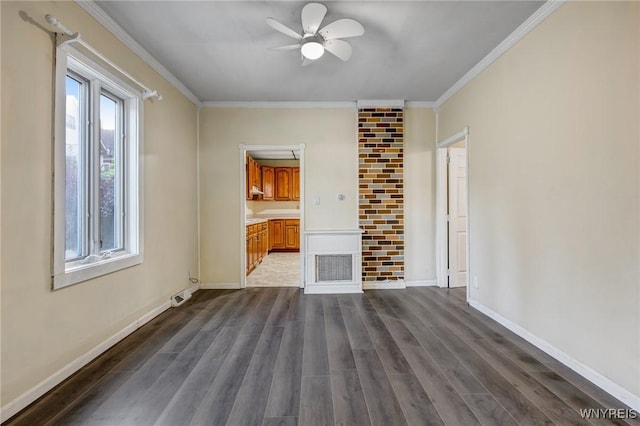 386 Davey St, Buffalo, NY 14206 - unfurnished living room featuring crown molding, dark wood finished floors, and a ceiling fan
