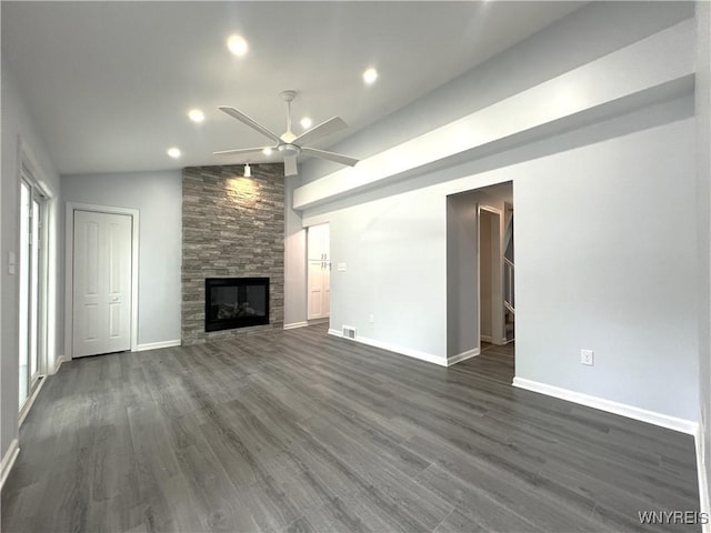 155 Barnsdale Ave, West Seneca, NY 14224 - unfurnished living room featuring ceiling fan, dark wood-style floors, a fireplace, and recessed lighting