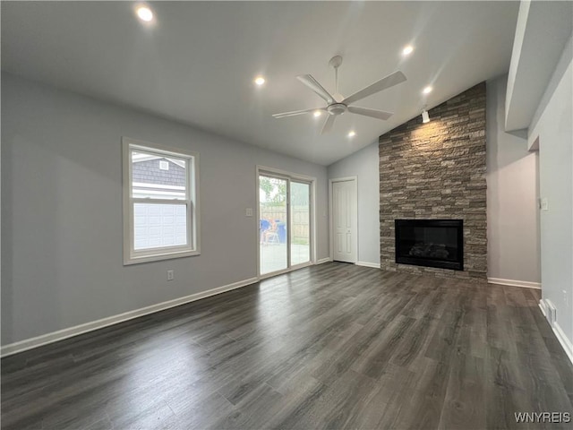 155 Barnsdale Ave, West Seneca, NY 14224 - unfurnished living room featuring ceiling fan, dark wood-type flooring, a fireplace, high vaulted ceiling, and recessed lighting