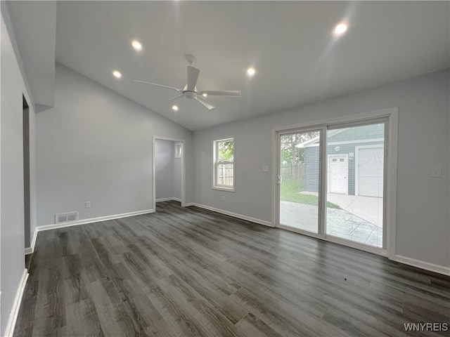 155 Barnsdale Ave, West Seneca, NY 14224 - empty room featuring vaulted ceiling, dark wood-style flooring, ceiling fan, and recessed lighting