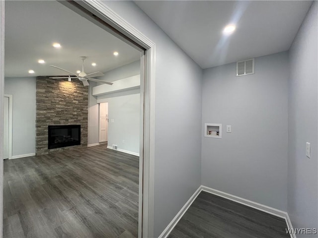 155 Barnsdale Ave, West Seneca, NY 14224 - laundry room with washer hookup, ceiling fan, dark wood-style floors, recessed lighting, and a fireplace