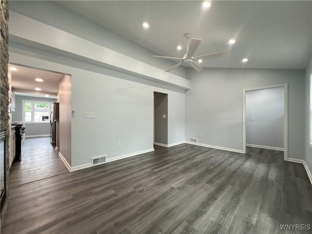 155 Barnsdale Ave, West Seneca, NY 14224 - unfurnished room featuring ceiling fan, recessed lighting, dark wood-style floors, a fireplace, and vaulted ceiling