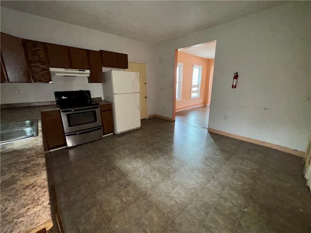 38 Cedar St, Rochester, NY 14611 - kitchen featuring electric stove, freestanding refrigerator, and under cabinet range hood