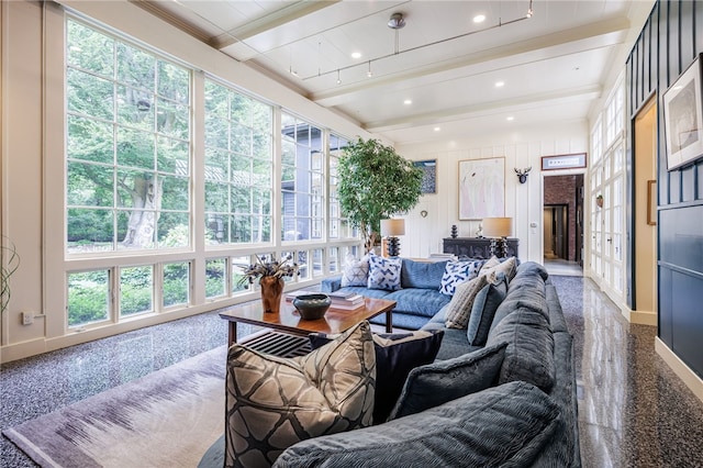 3399 Elmwood Ave, Brighton, NY 14610 - living area with beamed ceiling, recessed lighting, granite tiled floors, and french doors