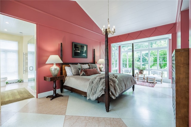 3399 Elmwood Ave, Brighton, NY 14610 - bedroom with a chandelier, vaulted ceiling, recessed lighting, and ensuite bath