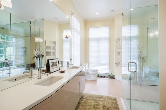 3399 Elmwood Ave, Brighton, NY 14610 - full bathroom with double vanity, ornamental molding, healthy amount of natural light, and a stall shower