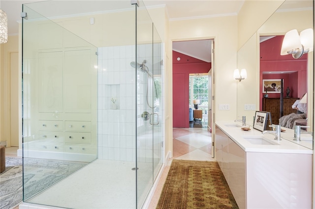 3399 Elmwood Ave, Brighton, NY 14610 - bathroom with connected bathroom, ornamental molding, a shower stall, double vanity, and tile patterned floors