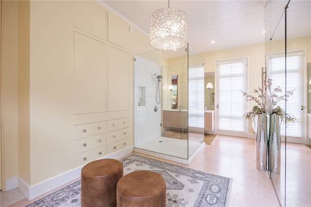3399 Elmwood Ave, Brighton, NY 14610 - bathroom featuring tiled shower, a chandelier, and vanity