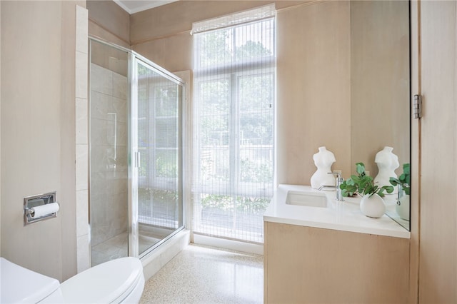 3399 Elmwood Ave, Brighton, NY 14610 - bathroom featuring a shower stall, vanity, and speckle patterned floor