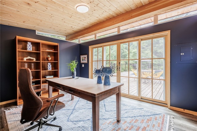 3399 Elmwood Ave, Brighton, NY 14610 - office area featuring french doors, wooden ceiling, wood finished floors, and electric panel