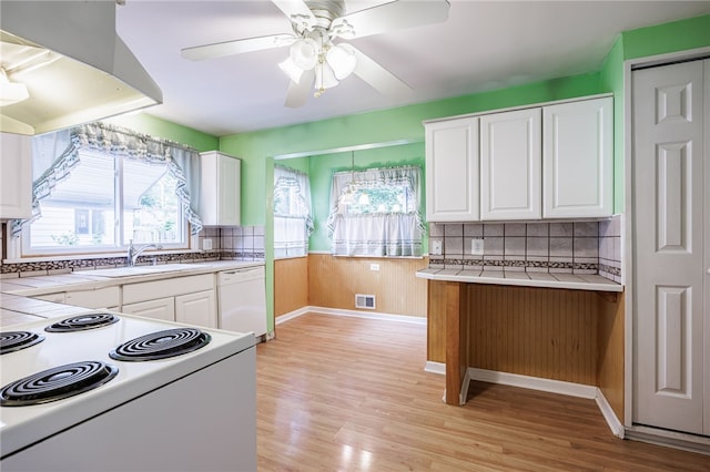 360 San Gabriel Dr, Rochester, NY 14610 - kitchen featuring exhaust hood, white cabinets, white appliances, and backsplash