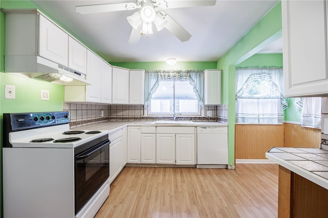 360 San Gabriel Dr, Rochester, NY 14610 - kitchen with white appliances, light wood finished floors, under cabinet range hood, and white cabinetry