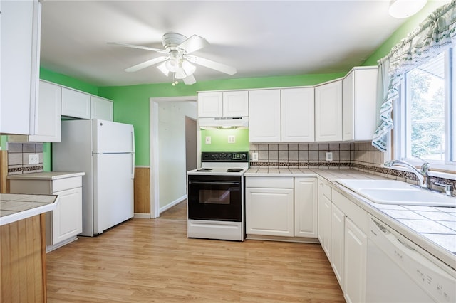 360 San Gabriel Dr, Rochester, NY 14610 - kitchen featuring tile countertops, white appliances, white cabinetry, and ceiling fan