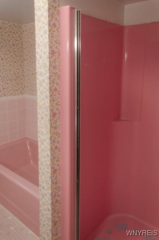 573 Locust St, North Tonawanda, NY 14120 - bathroom with a bath, wallpapered walls, a shower, and tile patterned floors