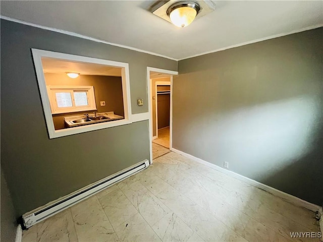 97 Kail St, Buffalo, NY 14207 - unfurnished bedroom with baseboard heating, ornamental molding, and light marble finish flooring