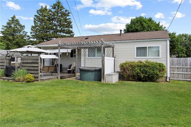 111 Crimson Bramble Rd, Henrietta, NY 14623 - rear view of house with a hot tub, a pergola, a patio area, and roof with shingles