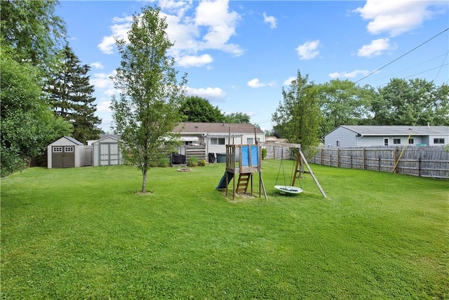 111 Crimson Bramble Rd, Henrietta, NY 14623 - fenced backyard with a storage unit and a playground
